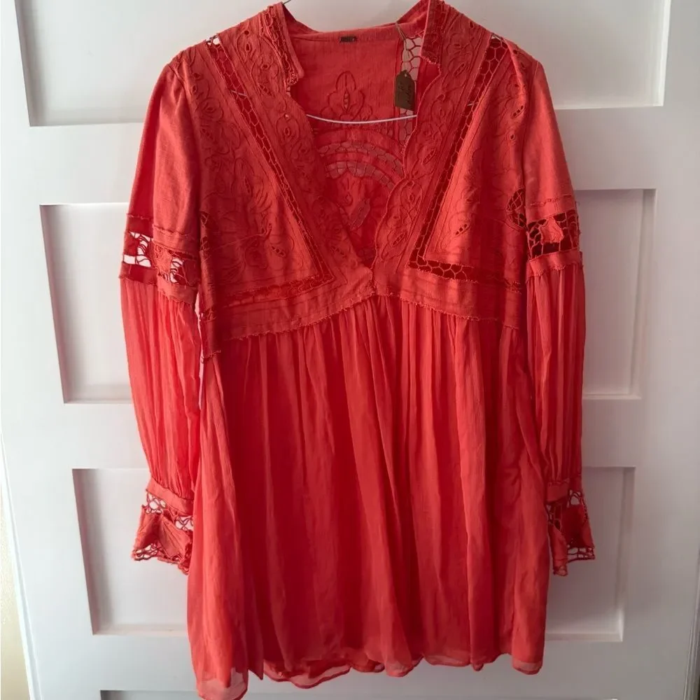 Free People Oceanside Crochet Coral Long-Sleeve Lace-Back Dress